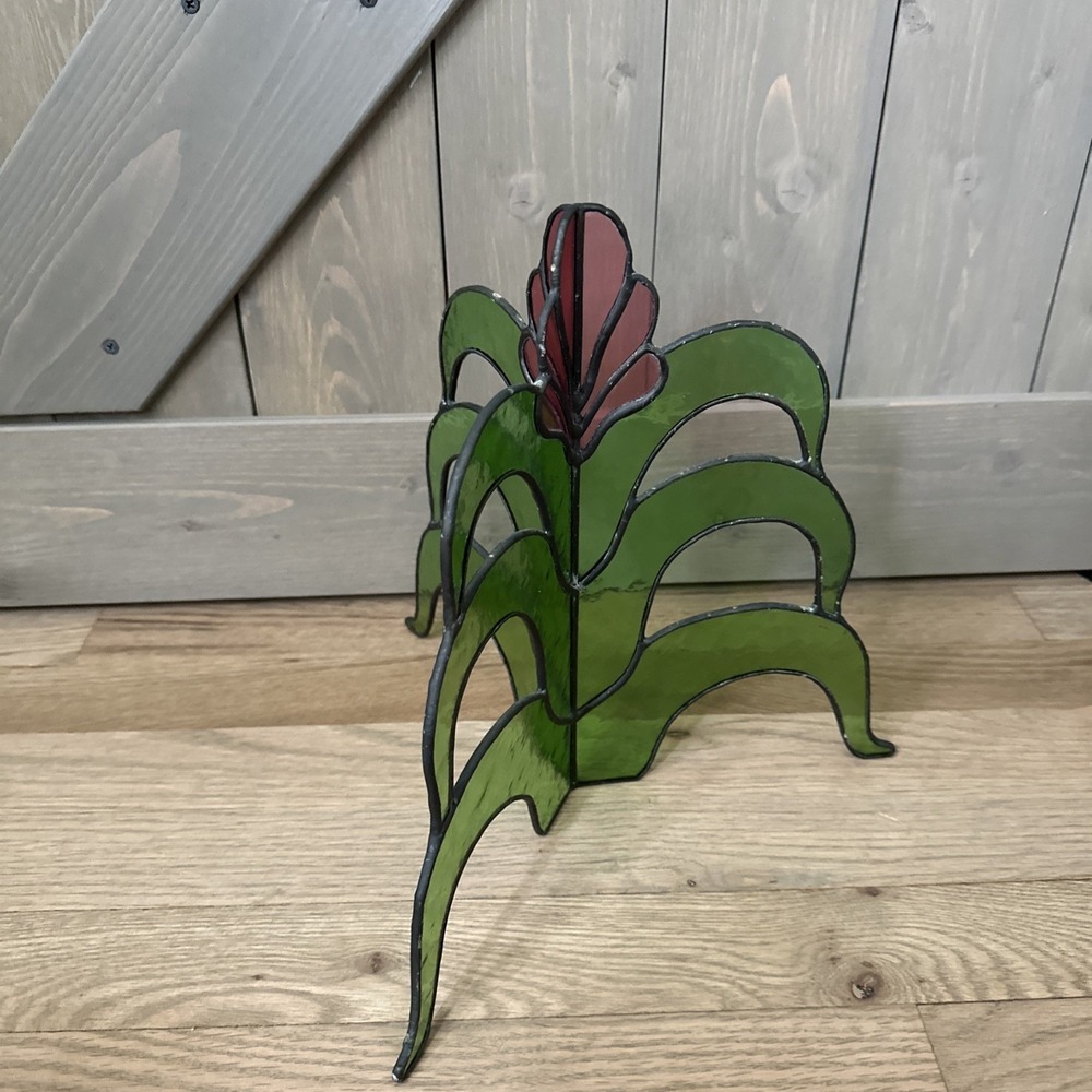 Vintage 3D 11" Stained Glass Cactus With Flower Rare